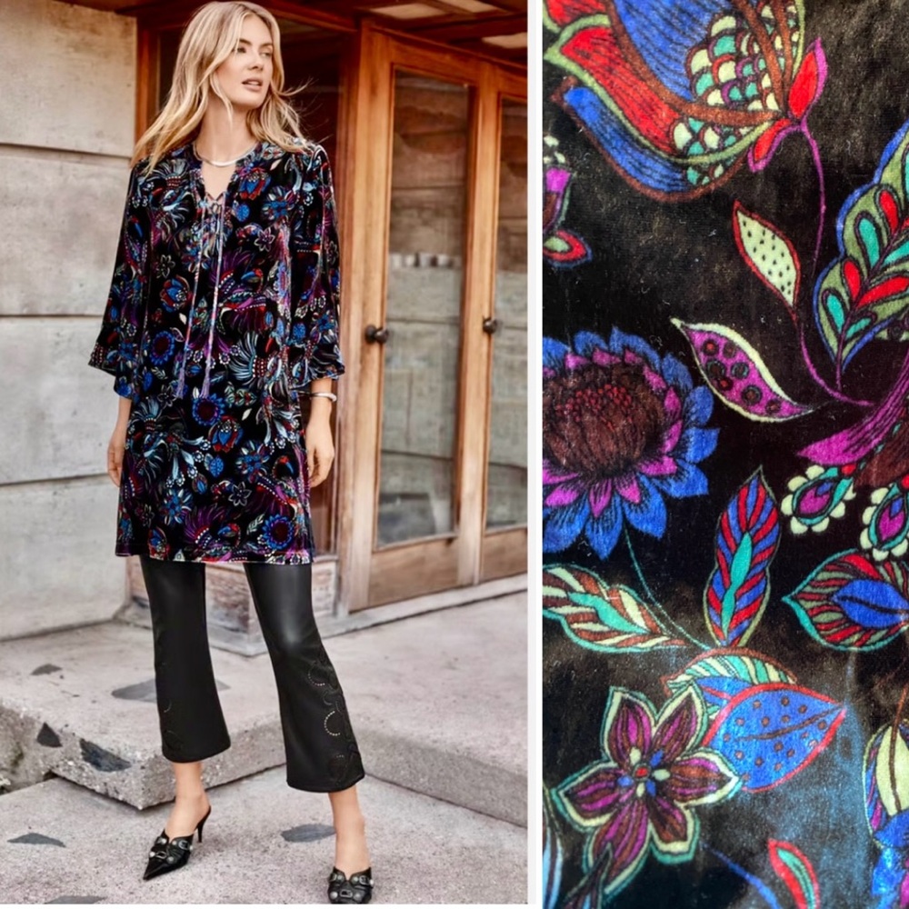 Johnny Was Tie Front Velvet Kimono Tunic Dress